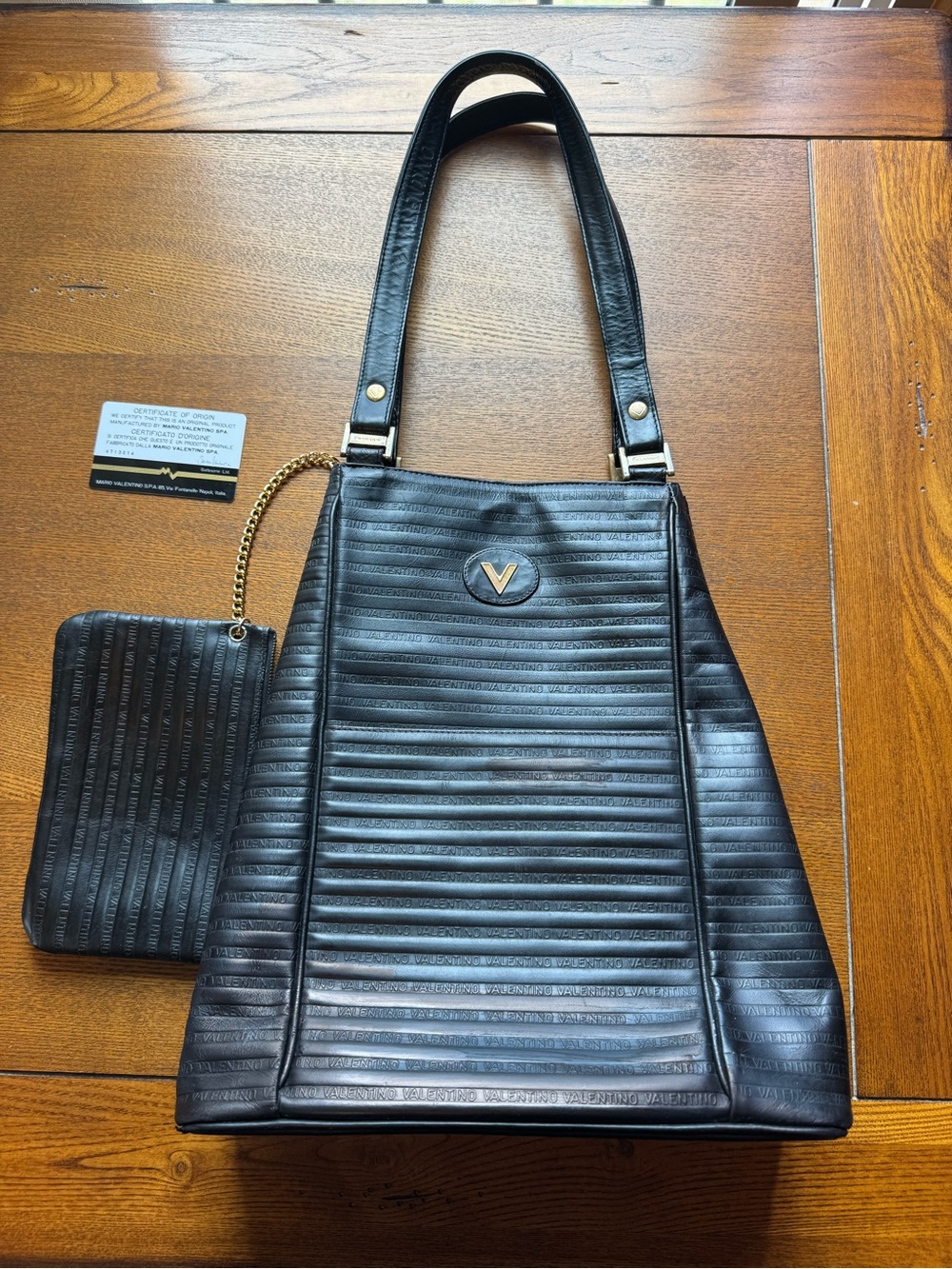 Valentino Black Quilted Leather Tote with Coin Pouch and Gold V Accent w/ COA